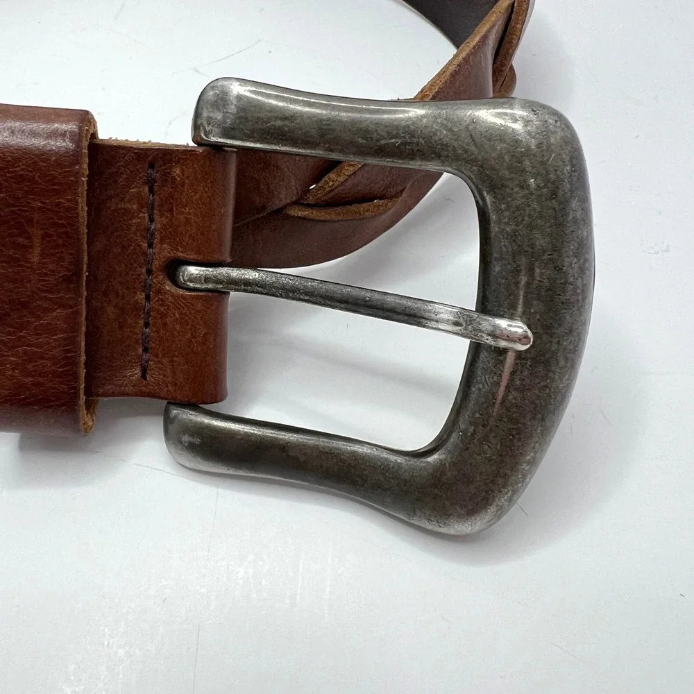 Express Brown Italian Leather‎ Braided Belt Made in England Size S Cognac Silver